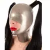 Capucha de Látex Gris para Mujer con Doble Cola de Caballo, Boca y Nariz Expuestas, Capucha Sexy con Cremallera en la Espalda, Cosplay Cos