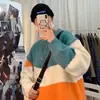 Suéter Rayado de Bloques de Color Vintage para Hombre 2024, Tejido Engrosado para Otoño e Invierno, Ajuste Holgado, Chaqueta Suéter de Marca de Moda