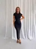 Novo Vestido Cor Sólida Street Fashion Gola Redonda Longo Comércio Exterior Feminino Estilo Europeu e Americano Vestido da Moda Tendência