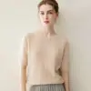 Suéter casual de malha trançada 100% cashmere puro para mulheres, manga curta, gola redonda, caimento solto, modelador, top de malha torcida, camada interna de meia manga