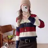 Nuevo Suéter de Punto con Rayas de Contraste, Cuello en V y Mangas Largas para Primavera y Otoño para Mujer, Adelgazante y Juvenil, Pulóver de Corte Holgado