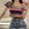 Camiseta de Tricô Listrada Colorida Arco-Íris Manga Curta Gola Quadrada Feminina Verão Fina Slimming Look Top Curto Tendência Ins