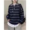 Suéter de punto casual, versátil, de corte holgado, a rayas de bloques de color, manga larga, estilo coreano retro, rejuvenecedor, color rojo, talla única, para mujer