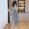 Vestido Camiseta de Malla Patchwork Talla Grande Nuevo Primavera/Verano en Gris con Hombros Normales y Mangas Cortas para Mujer
