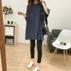 Algodón Suave Lavado Color Sólido Largo Medio Cuello Redondo Manga Corta Camiseta para Mujer Talla Grande Estilo Coreano Holgada Adelgazante Top Casual para Verano