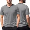 Wish Transfronterizo Verano Nuevo Hombre Bloque de Color Cuello en V Delgado Camiseta Talla Grande Estilo Americano con Bolsillos Casual Deportivo Manga Corta
