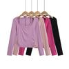 Camiseta de manga larga con cuello colgante para mujer, estilo sexy de otoño, de dos piezas, con cordones, ajustada, elástica y colorida, con base plisada lateral.