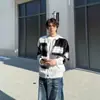 Cardigan Listrado Color Block Retrô Americano para Homens e Mulheres Gola Redonda Relaxada Solto Casual Casaco de Tricô para Casal