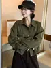 Jaqueta de trabalho estilo vintage, com gola polo e aspecto desgastado, para mulheres, nova coleção outono 2026, jaqueta curta feminina estilo coreano com design único