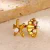 Anillo de Acero Titanio con Estrella de Mar y Caracola de Presión de Aceite para Mujer con Incrustaciones de Circonita Diseño a Juego Joyería de Playa de Verano Venta al por Mayor