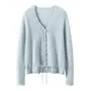 Cárdigan de Cachemira Calado de Ganchillo para Otoño e Invierno con Cordones, Suéter Holgado de Punto de Lana de Color Sólido para Mujer, Chaqueta Exterior