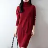 Vestido de Tricô Gola Alta 100% Lã Novo Outono/Inverno 2026 Manga Longa Feminino Cor Sólida Solto Bolso Duplo Comprimento Médio