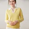 Nuevo Suéter de Cachemira Pura para Mujer Otoño e Invierno con Cuello Polo Bloqueado por Color, Capa Base Engrosada, Top de Punto de Manga Larga