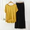 Roupa de Casa Verão Novo Modal Gola Redonda Manga Curta Calça Wide Leg Solta Plus Size Moda Casual Conjunto para Mulheres