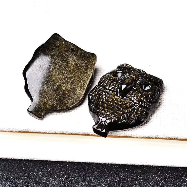 智贝主图_3天然金曜石银曜石猫头鹰吊坠雕刻动物项坠项链饰品