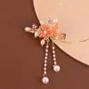 Pasador de Camelia Guofeng Pintado a Mano Alto Valor de Color Exquisita Borla Flor Perla Parte Posterior de la Cabeza Antiguo Clip Lateral