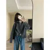Suéter cárdigan de punto gris retro con cuello de solapa para mujer, otoño e invierno, estilo holgado y casual, doble cremallera, cuello alto