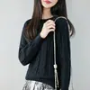 Suéter de punto 100% algodón puro para mujer, cuello redondo, patrón trenzado, cálido y versátil para otoño e invierno, top holgado de manga larga