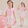 Conjunto Doce de Verão para Meninas com Cheirinho Leve 2025 Manga Bufante Manga Curta Laço Saia Curta Roupas Infantis Médias e Grandes