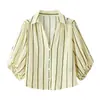Ropa de mujer Z brand AliExpress venta caliente transfronteriza moda europea y americana lino manga abullonada camisa en blanco, cuadros azules y amarillo ZA