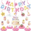 Fofo Tema Estrela do Kirby Bandeirola de Aniversário Letras Nuvem Estrela Padrão Topper de Bolo Enfeites Decorações