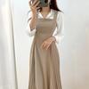 Camisa de manga comprida com renda e lapela madura, leve e chique de outono da Coreia do Sul, cintura alta, alça lateral plissada, vestido feminino
