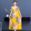 Mãe de meia-idade e idosa estampada de algodão vestido de seda verão mulheres de manga curta moda saia de algodão artificial com bolso