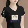 Artículo de marca con excedente de comercio exterior transfronterizo con etiquetas retiradas, camiseta de mujer con cuello en V, manga corta, corte holgado, hombro normal, top de manga corta
