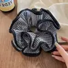 Anillo de salchicha grande y gorda de moda vintage 2025, con cuadros escoceses en blanco y negro, dulce anillo plisado para el cabello, flor para el cabello, accesorios para el cabello, cuerda para el cabello