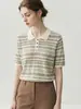 Nuevo Top Casual Holgado de Manga Corta para Mujer con Cuello Redondo, Tejido Fair Isle de Primavera/Verano con Rayas de Tencel de Colores, Versátil