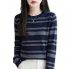 Top de punto fino con rayas jacquard retro para mujer, cuello redondo, corte ajustado, suéter elástico, top de capa interior para otoño/invierno