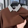 Novo Suéter Masculino Outono/Inverno 2026, Cor Sólida, Falso Duas Peças, Gola Camisa, Camisa Base Tricot Business Casual, Roupa Masculina