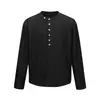 Camiseta masculina de manga longa com corte relaxado, design minimalista, estilo versátil, top casual solto inspirado no Japão com gola semiaberta
