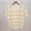 Top de Punto de Manga Corta con Cuello Redondo, Nuevo Diseño Verano 2026 para Mujer, Rayado Versátil Estilo Fresco y Dulce
