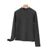Camiseta de Manga Larga para Mujer con Cuello Medio a Rayas Otoño e Invierno Nueva Moda Elegante Interior Forrado de Polar Cepillado