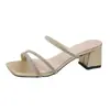Nuevas Chanclas de Verano 2025 Estilo Francés con Strass, Punta Cuadrada y Tacón Alto, Sandalias de Una Pieza con Tacón Grueso para Mujer