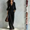 Mono de Otoño 2026 Estilo Francés con Cuello en V Profundo, Mangas Abullonadas y Piernas Anchas para Mujer, Mono Largo Adelgazante de Cintura Alta con Cinturón