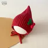 Chapéu de Proteção para Ouvido de Bebê Outono e Inverno Tricô Bola Fofa Pontudo Pequeno Chapéu Vermelho À Prova de Vento Quente Lã Chapéu de Elfo para Bebê
