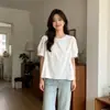 Blusa blanca estilo coreano de cuello redondo y manga abullonada, corte A holgado y favorecedor tipo babydoll para verano, elegante y versátil para ir al trabajo