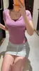 Camiseta feminina de manga curta slim fit, novo design de verão, estilo americano, falsa duas peças, pura e sexy, gola halter, top de ombro normal