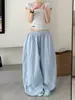 Calça cargo listrada de perna larga estilo de rua americana para mulheres, corte solto com cintura elástica de cordão, calça casual para dança hip-hop e esportes