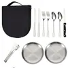 Set de cubiertos de acero inoxidable portátil para exteriores más vendido transfronterizo, juego de picnic de viaje de 20 piezas con cuchillo, tenedor, cuchara, plato y pinzas para barbacoa