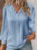 2026 Sitio Independiente Deseo Artículo Más Vendido de Amazon Blusa de Encaje Patchwork Manga Larga Cuello en V Otoño Camisa para Mujer Ropa de Mujer