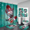 Cortina de Ducha Decorativa de Muñeco de Nieve a Cuadros Rojos Navideños, Poliéster Impermeable y Resistente al Moho, Juego de Cuatro Piezas para Bañera de Baño