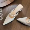 Chuyuji 2026 Verano Nuevos Mocasines de Satén Perlado de Punta Cerrada para Mujer, Sandalias de Moda con Tacón Grueso y Punta Fina para Uso en Exteriores