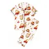 Pijama de Seda de Leche de Comercio Exterior Europeo para Mujer Primavera y Otoño Manga Corta Pantalón Largo Estampado de Gato Ropa de Casa Venta al por Mayor de Fábrica