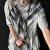 Marca Americana Moderna Camiseta de Manga Curta com Laço Xadrez Masculina Verão Novo Design Solto Nicho Top de Alta Qualidade