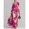 Estilo Europeu Manga Longa Transfronteiriço Elegante Temperamento 2026 Verão Decote V Cadarço Estampado Vestido Novo Saia Longa