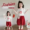 Conjunto de Verão Feminino Manga Curta Cartoon Ombro a Ombro 2026 Novo Conjunto Casual de Duas Peças Estiloso e Chique para Bebês