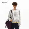 Camiseta de manga longa patchwork listrada estilo miu com botões de chifre, unissex, suéter casual tendência de outono com caimento solto, top simples